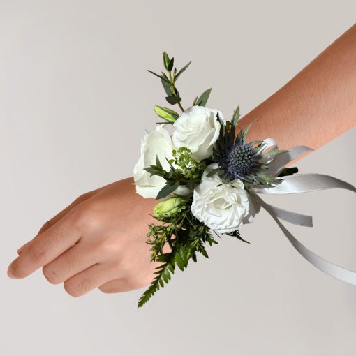 Mystical Meadows: White and Green Wrist Corsage - Image 3